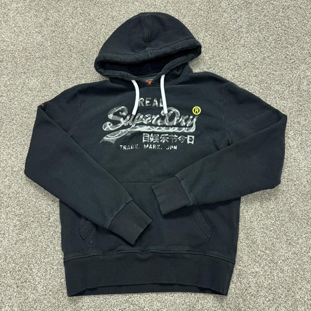 Superdry Hoodie Mens L Black Fleece Pullover Kangaroo Graphic Logo Sweatshirt